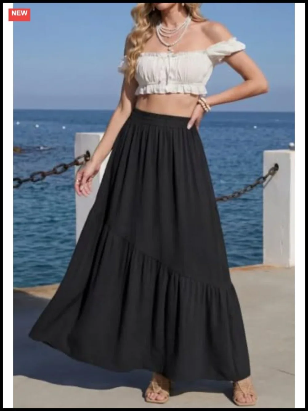 Women's Maxi Skirt High Waist Tiered A-Line with Pockets Flowy Swing Pleated